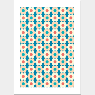 Retro 60s, 70s Floral Pattern Blue, Teal, Yellow, Peach Posters and Art